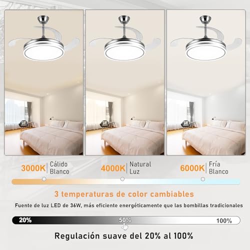Ventilador de Techo Retráctil con Luz LED Regulable, 6 Velocidades, Kits de Luces de Techo Interiores con Ventiladores