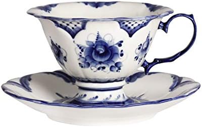JSC GzhelPorcelain Kitchen Teacup Flower Porcelain Teacup wSaucer. Gzhel 200 ml Pretty Tea Cup with Matching Saucer