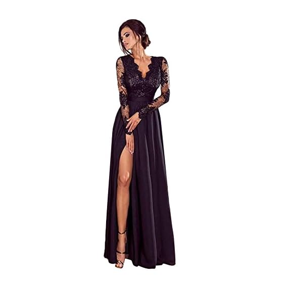 iLUGU-Bodycon-Maxi-Dress-for-Women-Lace-Long-Sleeve-Deep-V-Neck-Empire-Line-High-Split-Party-Ball-Prom-Wedding-Gown-Black