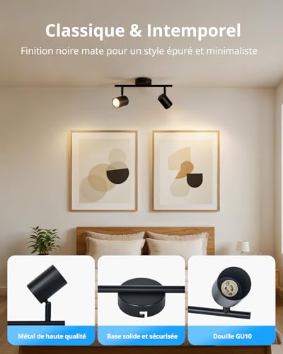 Gr4tec LED Ceiling Light with 2 Adjustable Spotlights, Modern Black Ceiling Spotlight, GU10 Spotlights and Rails, Indoor Wall Light for Kitchen, Bedroom, Hallway, Without Bulb