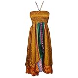 Mogul Interior Women Dresses Soft Silk Upcycled Printed 2 Layer Boho Chic