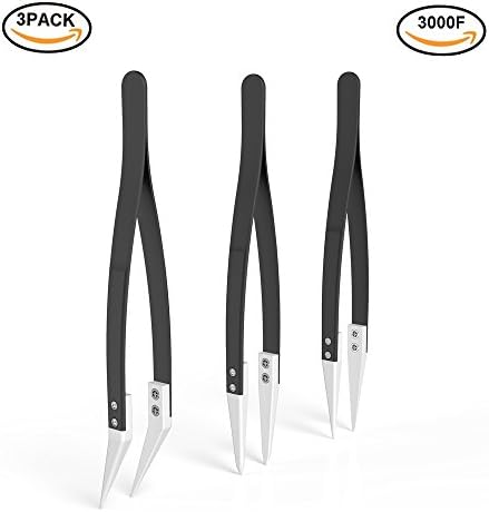 UETECH Black(White Tips) Ceramic Tweezers-Antistatic,Anticorrosion,Antimagnetic,Highly Heat Resistant up to 3000F(3Pack)