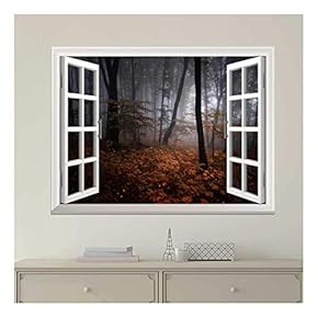 Modern White Window Looking Out Into a Dark Foggy Forest During Fall Time - Wall Mural, Removable Sticker, Home Decor - 24x32 inches