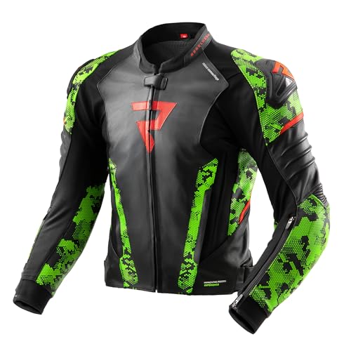REBELHORN Veloce Mens Motorcycle Jacket Leather Elbow and Shoulder Protectors Level 2 Shoulder Grinder 6 Ventilation Channels with Zip Sizes up to 62, Black/Camo Green/Fluo Red, 42