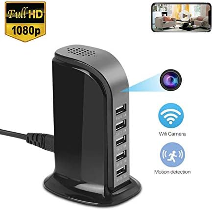YMXLJJ 1080p Mini Camera WiFi USB Charger Camera Desktop Charging Station 140 ° Wide Angle 5 USB Port Plug Suitable for Home Security (Black)