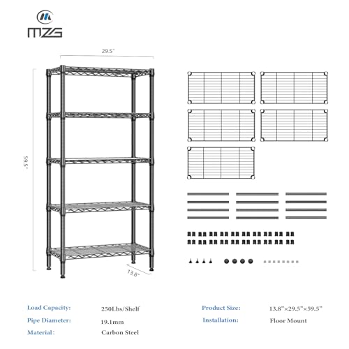 M MZG 5 Tier 1200 lbs Metal Storage Shelf, Wire Shelf, Heavy Duty Closet Organizers for Garage, Kitchen, Bathroom, Laundry, Black, 13.8"