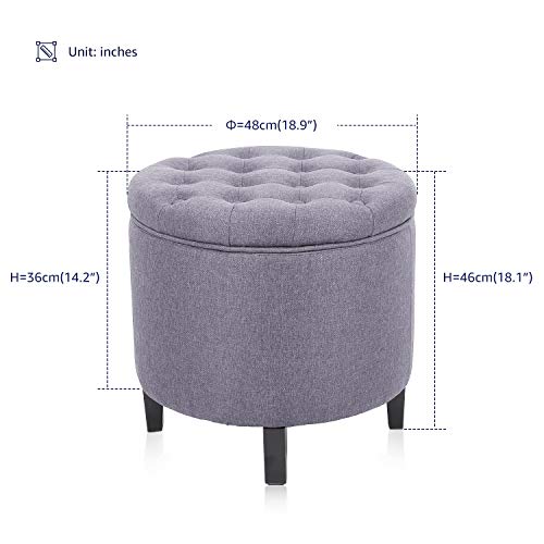 YAMASORO Fabric Cushion Button Lift Top Storage Footstool, Height 18 Inches Strudy Round Ottomans & Storage Ottomans, Gray