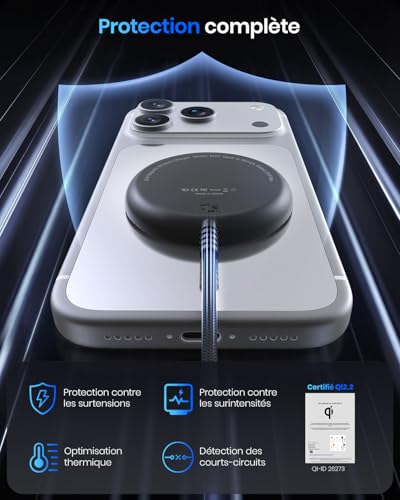 Qi2 25W Magnetic Wireless Charger, Charging Pad with 1.5M Cable Compatible Mag-Safe for iPhone 17e/Air/17/16/15/14/13/12, AirPods 4/3/2/Pro, Pixel Series 10 and More(With 30W Adapter)-Schwarz