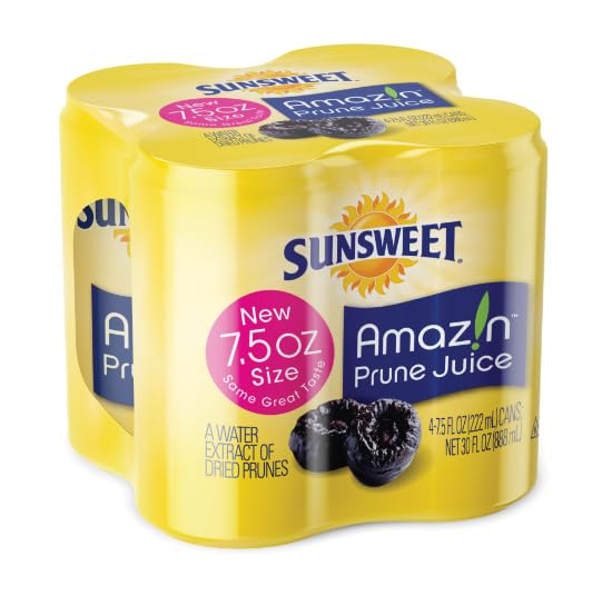 SUNSWEET AMAZIN PRUNE JUICE SMALL CANS – WATER EXTRACT OF DRIED PRUNES PITTED UNSWEETENED – LOW FAT – 100% JUICE RICH IN DIETARY FIBER & NATURAL MINERALS – 4 PACK OF 7.5 OZ