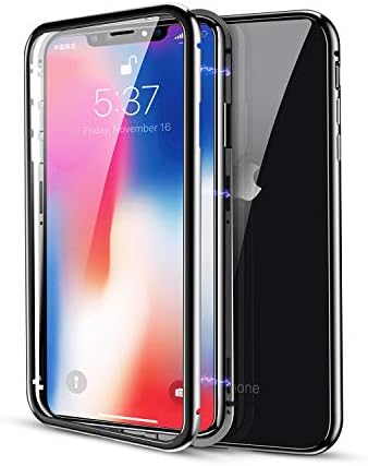 Penvila Case for iPhone X Max 6.5" with Magnetic Metal Frame and Double Side Tempered Glass, Support Wireless Charging (Black)