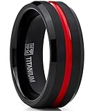 Metal Masters Co. Titanium Ring Wedding Band, Black and Red Plated Brushed Engagement Ring, Grooved, Comfort Fit 8