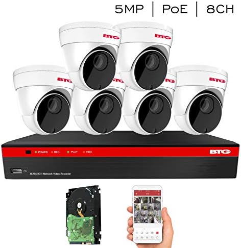 BTG 5MP PoE Security IP Camera NVR System with 4K NVR Built-in PoE Outdoor 5MP Surveillance IP 2.8mm Vandal Dome Cameras HD 2592 x 1944P IR CCTV System H.265 2TB HDD(6 Camera System, 5MP Dome System)
