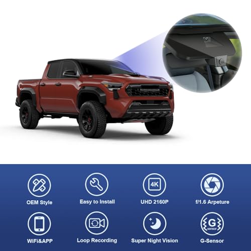 FITCAMX 4K Coche Cámara, para Toyota Tacoma 2024-2026 SR SR5 TRD Sport Pre-Runner Off Road Limited & Tacoma Hybrid, OEM Aspecto, 2160P UHD Vídeo, WiFi&App, Bucle Grabación, G-Sensor, Plug&Play, 64GB