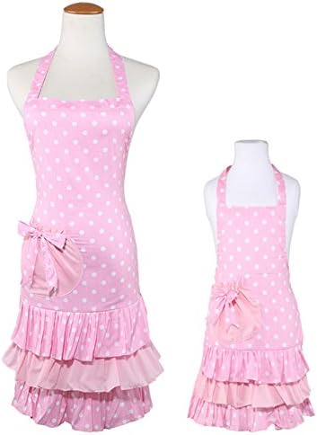 Huachnet Cotton Canvas Parent-Child Apron Cooking or Baking Apron with Pockets Great Helper in Daily Life (Mom-Child Set)-Pink Flower