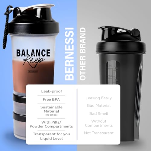 BERNESSI 500ml/17oz Protein Shaker Bottle with Leak-Proof for Protein Mixes & Shakes with Stainless Steel Ball, Protein Bottle Blender Cocktail Shaker Cup for Gym Fitness Home Pre Workout (Balance)
