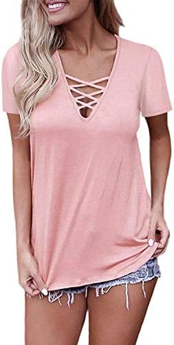 ADREAMLY Women's Short Sleeve Criss Cross V Neck Tops Basic Lace Up Blouse
