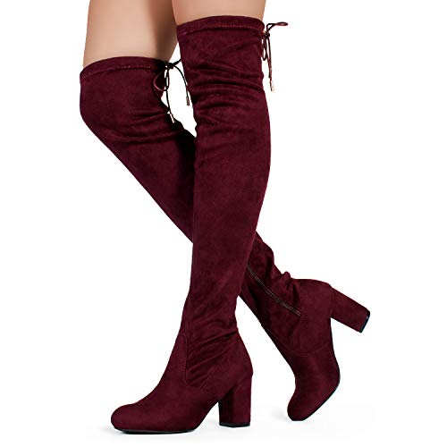 RF ROOM OF FASHION Women's Medium Calf Over The Knee Chunky Heel Stretch Boots Burgundy Size.6.5