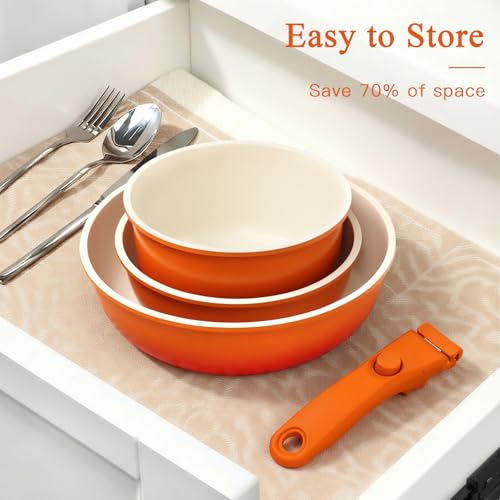 GiPP 5pcs Pots and Pans Set Non Stick, Nonstick Cookware Set Detachable Handle,Ceramic Coating Pots for Cooking Non Stick with Removable Handle, RV Cookware Set, Orange Gradient