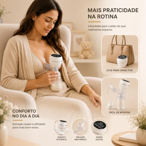 Bomba Tira Leite Elétrica Portátil, Recarregável USB-C, 9 Níveis de Sucção, Modo de Massagem, Livre de BPA, Inclui Mamadeira