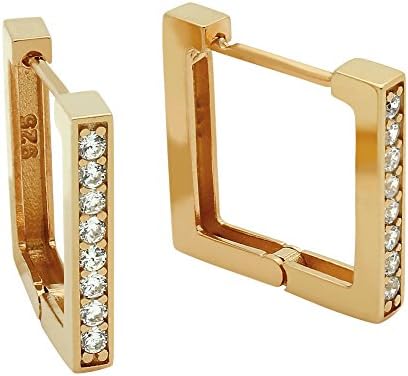 Noureda Sterling Silver Rose Gold Plated Elegant Square Huggie Earrings Paved with Clear CZ Stones and Snap Post Closure, Earring Dimensions of 17MMx3MM