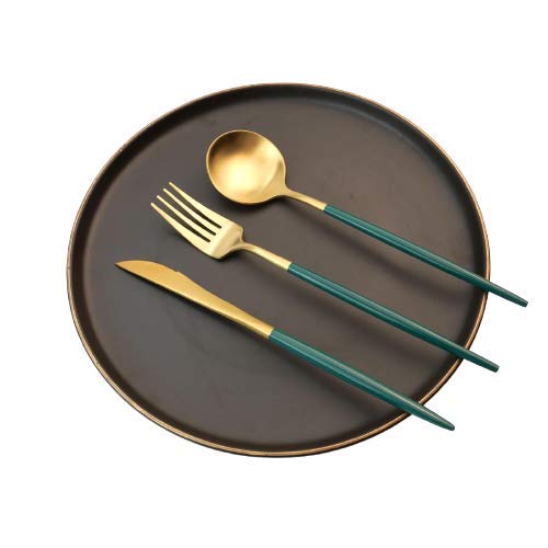 Green & Gold Matte Silverware Set, 12-Piece Stainless Steel Satin Finish Flatware Set Service for 4, Kitchen Utensil Set, Tableware Cutlery Set for Home and Restaurant (Two Colors, 12-Piece