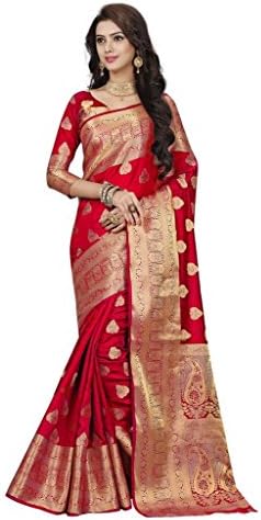 Li Te Ra Women's Silk Jacquard Saree Free Size Red