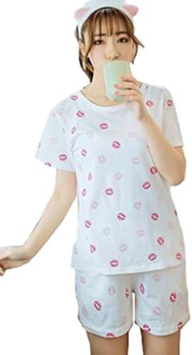 KM Girls Summer Cute Short-sleeve Pure Cotton Pajamas Suits (L, White-lipstick)