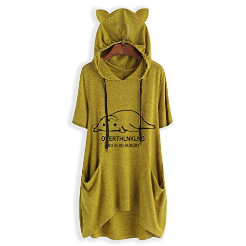 Women's Cat Ear Hoodies Cute Short Sleeve Pocket Top Blouse Pajama Shirt Lemon