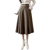 IDEALSANXUN Wool Midi Skirts for Womens High Waisted A Line Pleated Belted Fall Winter Skirts