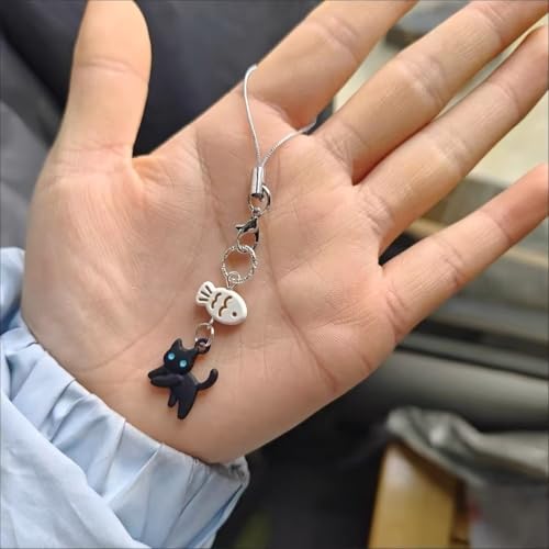 Black Cat Phone Charm Cute Kawaii Cat Fish Phone Bag Charm Accessories
