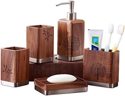 PLYY Vintage wood Continental Bathroom five-piece set Bathroom Accessories Set Bath Gift Soap Dish,Lotion Dispenser,Toothbrush Holder&Tumbler Bathroom decoration Gift