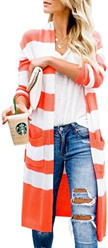 Womens Boho Long Cardigans Plus Size Color Block Striped Loose Fall Knit Sweaters Duster Coats