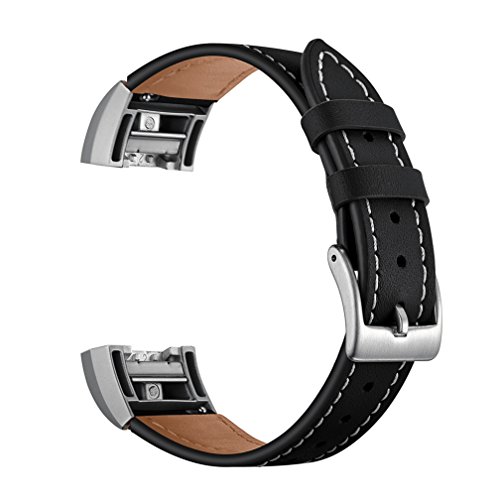 MoreToys Genuine Leather Adjustable Replacement Accessory Sport Watch Band Wrist Strap Bracelet for Fitbit Charge 2 Fitness Wristband (Black)