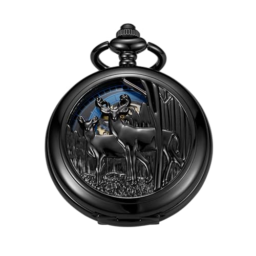 Tiong Black Hollow Double Deer Design Pattern Design Mechanical Pocket Watch, Men's Mechanical Movement Roman Numeral Dial Double Opening Pocket Watch