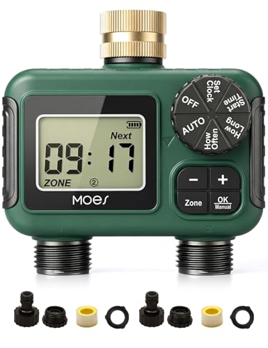 MOES Irrigation Computer, 2 Outputs with Brass Inlet, Independent Dual Zone Watering Timer for Garden & Lawn, Automatic & Manual Mode, Water Timer with Rain Delay