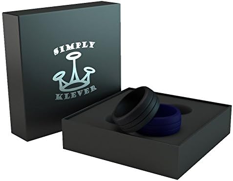 Silicone Wedding Ring for Men and Women Couple-Pack of 2 Precise Marriage Rings with Specialty Box - Cool Design Gray Black Rubber Wedding Ring, Band-Ring that does not Fail (Black/Blue, 11)
