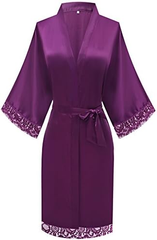 Women's Lace Trim Bridesmaid Kimono Robe Short Satin Sleepwear-purple L