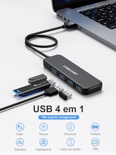 Hub USB 3.0 Lemorele, 4 Portas, Velocidade até 5Gbps, Compatível com Laptops, Desktops e Consoles, Preto