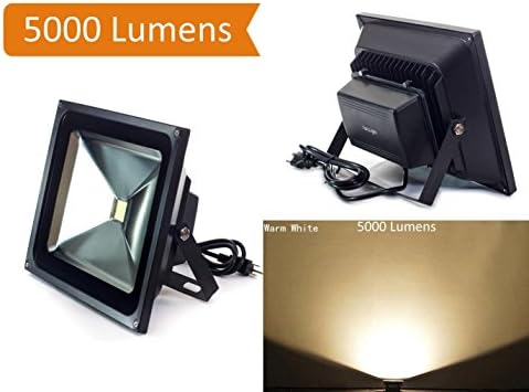 HouLight 300W equivalent, 5000lm, Super Bright 50W LED Flood Light, IP65-Waterproof, with US plug, Warm White, 3000K, outdoor security light