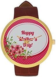 Happy Mothers Day Metal Case, Tempered Glass, Golden Leather Strap Watch