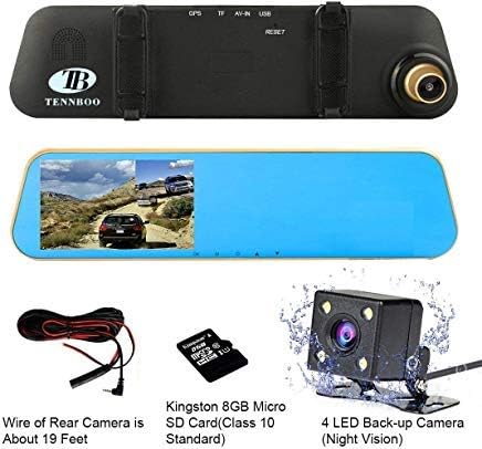 TENNBOO 4.3" Full HD 1080P Dual Lens Car Dash Camera 170°Wide Angle Front and Rear Mirror Mount DVR,Dashboard Display with G-Sensor,WDR,Loop Recording,Night Vision Include 8G Micro SD Card