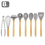 Silicone Kitchen Utensils - 8PCS Cooking Utensils Set with Natural Bamboo Wood Handle for Nonstick Cookware,Best Kitchen Tools for Gift,Grey