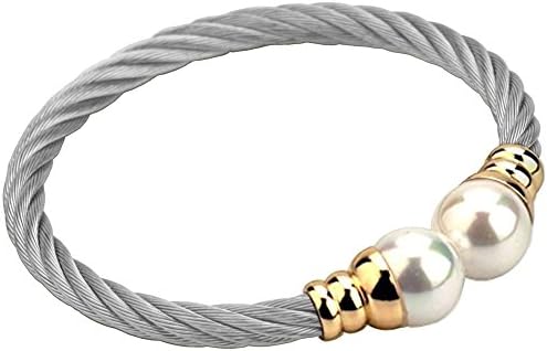 CHRAN Silver Stainless Steel Twisted Cable Cuff Bangle Bracelet Simple Round Pearl Women Jewelry 7.4