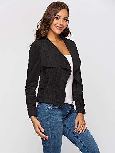 Escalier Womens Suede Leather Jacket Open Front Lapel Cardigan Blazer Jackets Black S - Thumbnail 3