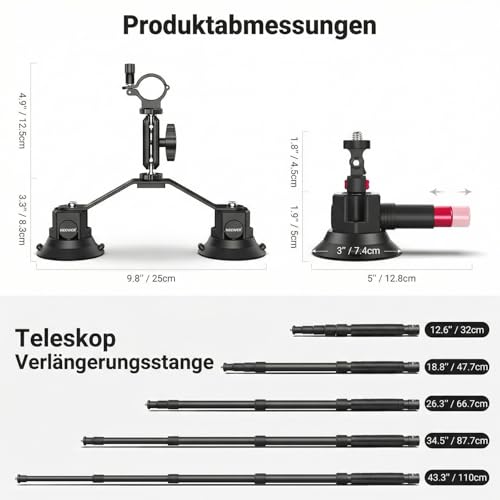 NEEWER Triple Suction Cup Car Mount Compatible with Insta360 X5 X4 GoPro DJI OSMO 360 Cameras, Quick Release Windscreen Magic Arm Mount, 2 in 1 Extension Rod/Selfie Stick, CA065