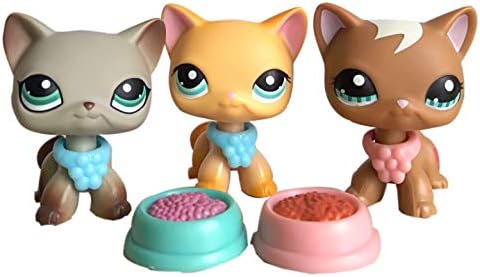 Emmas lps Short Hair Cat 3pcs Lot, lps Kitty #339#1170#391 Yellow Brown and Gray Kitty with lps Accessories Lot Best Gift for Kids