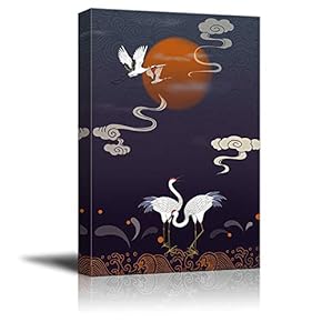 Canvas Wall Art Chinese Traditional Lucky Crane Painting Artwork for Home Prints Framed - 12x18 inches