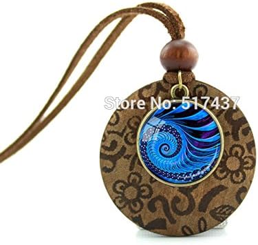 Pretty Lee New Design Wooden Pendant Necklace Blue Swirls Necklace Sacred Geometry Jewelry Glass Cabochon Necklace