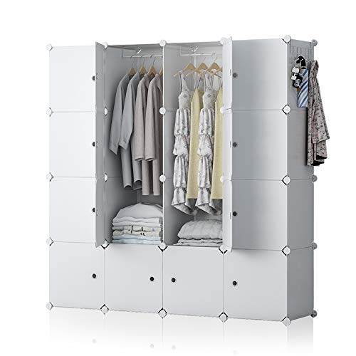 GEORGE&DANIS Portable Wardrobe Plastic Modular Closet Organization Customizable Cube Storage Organizer Bedroom Armoire Dresser, White, 4x4 Tiers