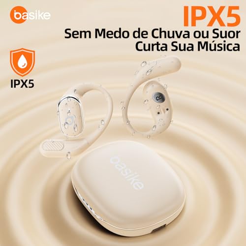 Fone De Ouvido Bluetooth Esportes, Basike T6, IPX5/OWS Fone de Ouvido Estéreo Hi-Fi, Suporta Chamadas de Voz, 60 Horas em Standby Para Corrida e Exercícios ao Ar Livre (Branco)